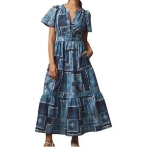 Anthropologie Somerset Maxi Dress New Faux Denim Patchwork Silver/Argent Size XL